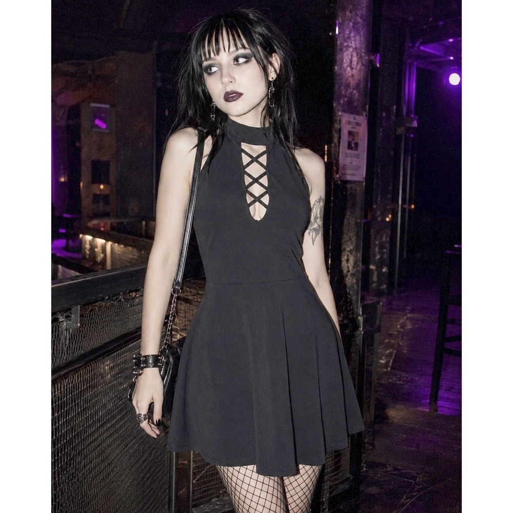 NWT Express Black Halter Lattice Front Cutout Fit and Flare Dress Small Goth
